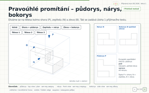 Ukázka z kurzu: půdorys, nárys a bokorys na otočném 3D modelu